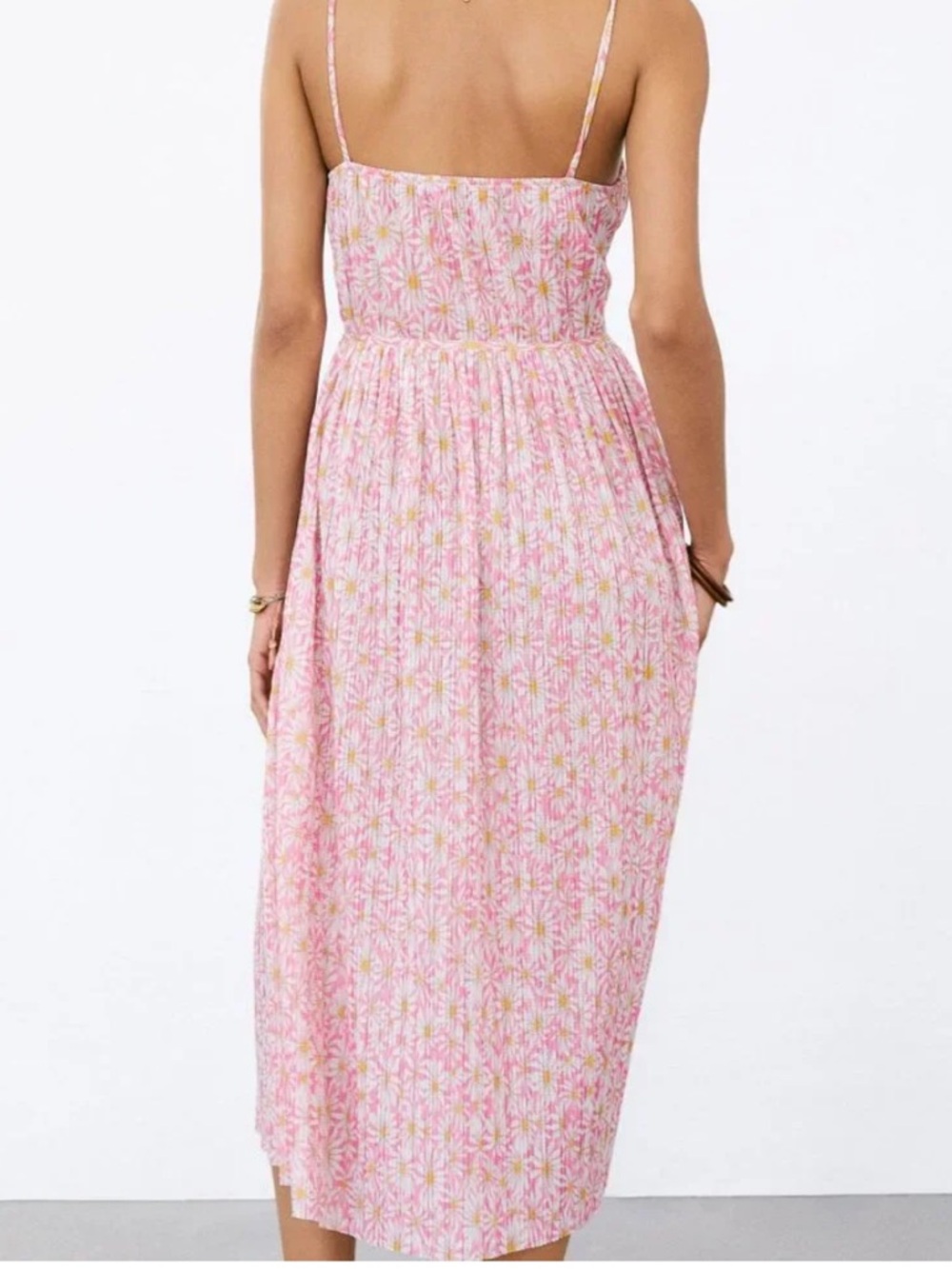 ZARA - Pleated Printed Dress, pink daisy sundress size M - Picture 3 of 16